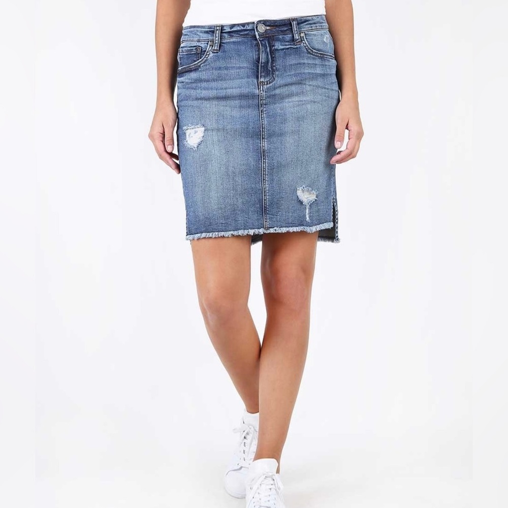 KUT from the Kloth Connie High-Low Distressed Fray Hem Denim Jean Skirt Size 8